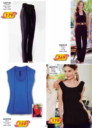 40
LX0146
Pantalón
Negro Jaspe
ME, GR
Antes a: $199
PRECIO ESPECIAL
$179PC7913896
S00078
Palazzo
Café
CH, ME
Antes a: $369
PRECIO ESPECIAL
$269PC9520746
AU2256
Blusa
Azul Francia
CH, ME
Antes a: $199
PRECIO ESPECIAL
$159PC7412268
BD7910
Blusón
Negro
CH, ME
Antes a: $259
PRECIO ESPECIAL
$179PC9813837
 