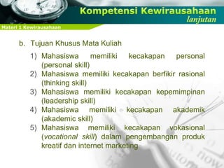 Materi 1 Kewirausahaan
b. Tujuan Khusus Mata Kuliah
1) Mahasiswa memiliki kecakapan personal
(personal skill)
2) Mahasiswa memiliki kecakapan berfikir rasional
(thinking skill)
3) Mahasiswa memiliki kecakapan kepemimpinan
(leadership skill)
4) Mahasiswa memiliki kecakapan akademik
(akademic skill)
5) Mahasiswa memiliki kecakapan vokasional
(vocational skill) dalam pengembangan produk
kreatif dan internet marketing
 