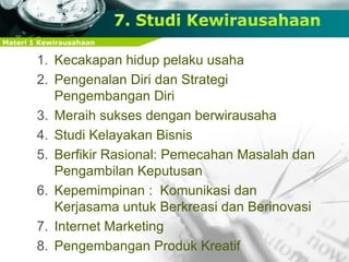 Materi 1 Kewirausahaan
1. Kecakapan hidup pelaku usaha
2. Pengenalan Diri dan Strategi
Pengembangan Diri
3. Meraih sukses dengan berwirausaha
4. Studi Kelayakan Bisnis
5. Berfikir Rasional: Pemecahan Masalah dan
Pengambilan Keputusan
6. Kepemimpinan : Komunikasi dan
Kerjasama untuk Berkreasi dan Berinovasi
7. Internet Marketing
8. Pengembangan Produk Kreatif
 