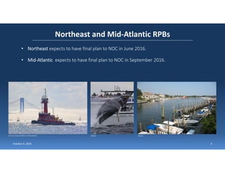 Northeast and Mid‐Atlantic RPBs
• Northeast expects to have final plan to NOC in June 2016.
• Mid‐Atlantic expects to have final plan to NOC in September 2016.
3October 6, 2016
Harvey Spears/Marine Photobank NOAA NOAA
 