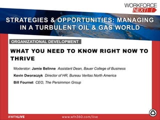 WHAT YOU NEED TO KNOW RIGHT NOW TO
THRIVE
Moderator: Jamie Belinne Assistant Dean, Bauer College of Business
Kevin Dworaczyk Director of HR, Bureau Veritas North America
Bill Fournet CEO, The Persimmon Group
ORGANIZATIONAL DEVELOPMENT
STRATEGIES & OPPORTUNITIES: MANAGING
IN A TURBULENT OIL & GAS WORLD
 