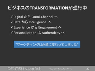 20Copyright © Dentsu Razorfish Inc.	
ビジネスのTRANSFORMATIONが進行中	
ü Digital	
  から Omni-­‐Channel	
  へ	
  
ü Data	
  から	
  Intelligence	
  	
  へ	
  
ü Experience	
  から	
  Engagement	
  へ	
  
ü Personaliza9on	
  は	
  Authen9city	
  へ	
“マーケティングは永遠に変わってしまった”
 