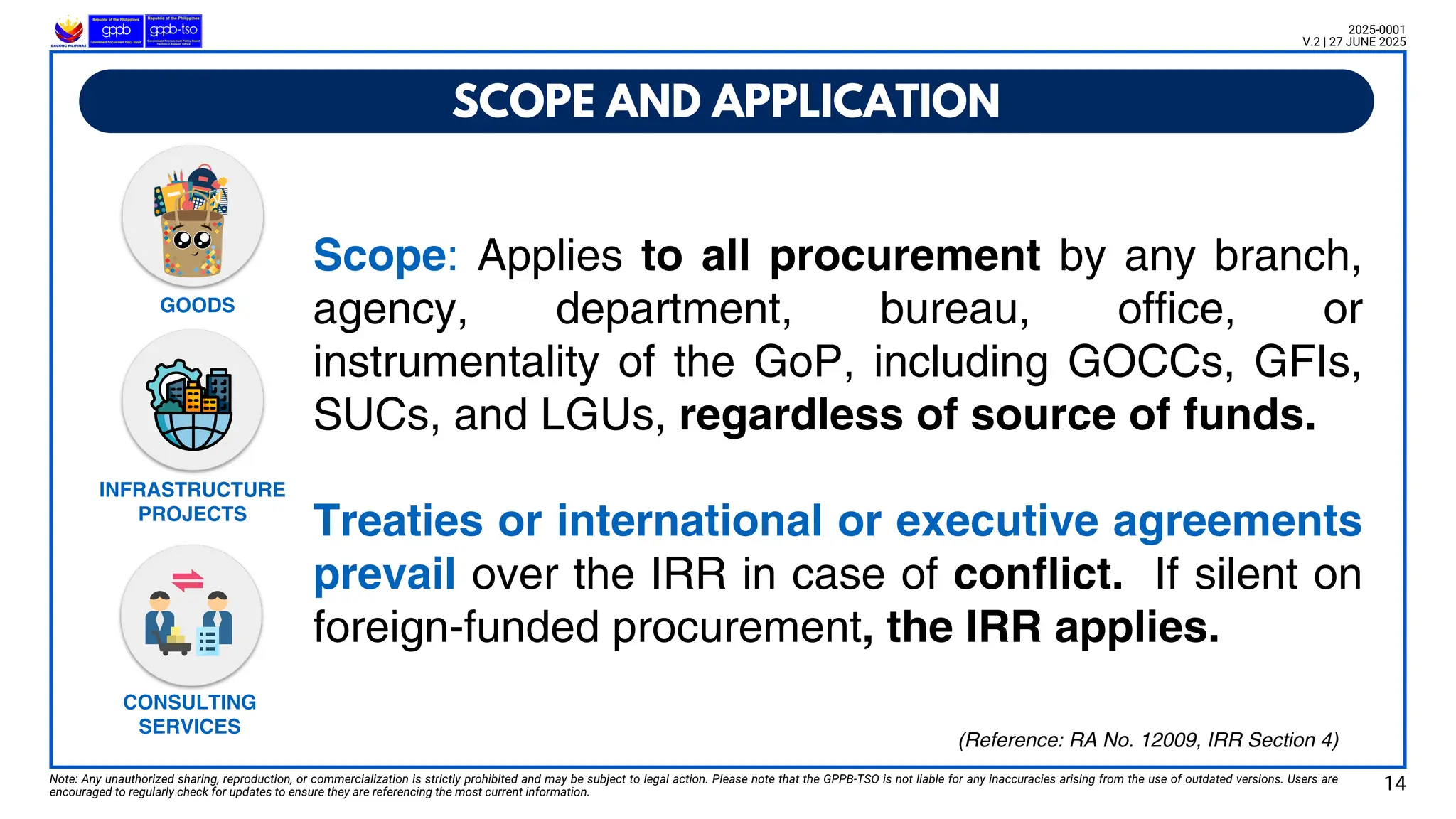 SCOPE AND APPLICATION
GOODS
INFRASTRUCTURE
PROJECTS
CONSULTING
SERVICES
Scope: Applies to all procurement by any branch,
agency, department, bureau, office, or
instrumentality of the GoP, including GOCCs, GFIs,
SUCs, and LGUs, regardless of source of funds.
Treaties or international or executive agreements
prevail over the IRR in case of conflict. If silent on
foreign-funded procurement, the IRR applies.
Note: Any unauthorized sharing, reproduction, or commercialization is strictly prohibited and may be subject to legal action. Please note that the GPPB-TSO is not liable for any inaccuracies arising from the use of outdated versions. Users are
encouraged to regularly check for updates to ensure they are referencing the most current information.
2025-0001
V.2 | 27 JUNE 2025
14
(Reference: RA No. 12009, IRR Section 4)
 