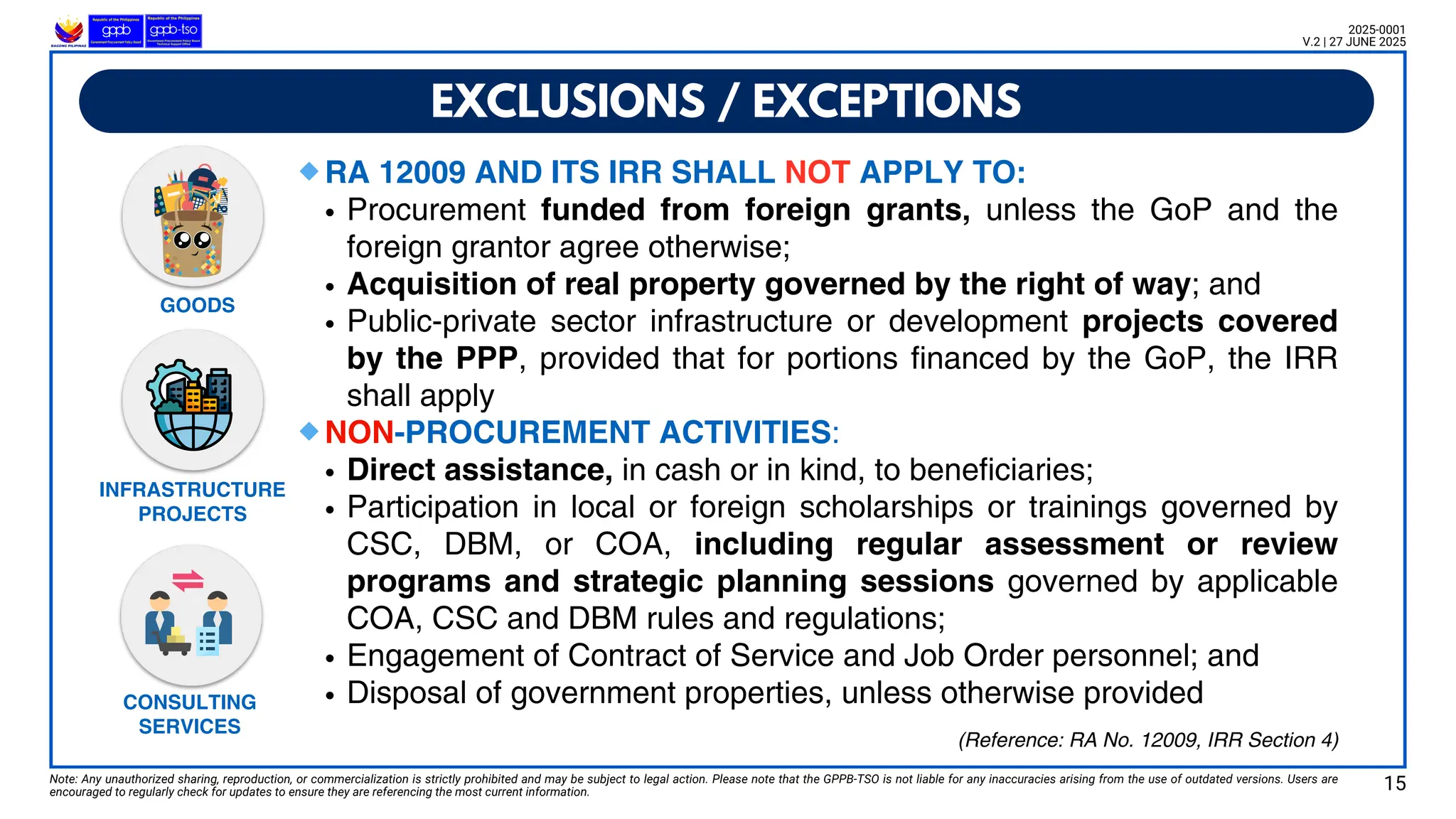 EXCLUSIONS / EXCEPTIONS
GOODS
INFRASTRUCTURE
PROJECTS
CONSULTING
SERVICES
🔹RA 12009 AND ITS IRR SHALL NOT APPLY TO:
Procurement funded from foreign grants, unless the GoP and the
foreign grantor agree otherwise;
Acquisition of real property governed by the right of way; and
Public-private sector infrastructure or development projects covered
by the PPP, provided that for portions financed by the GoP, the IRR
shall apply
🔹NON-PROCUREMENT ACTIVITIES:
Direct assistance, in cash or in kind, to beneficiaries;
Participation in local or foreign scholarships or trainings governed by
CSC, DBM, or COA, including regular assessment or review
programs and strategic planning sessions governed by applicable
COA, CSC and DBM rules and regulations;
Engagement of Contract of Service and Job Order personnel; and
Disposal of government properties, unless otherwise provided
Note: Any unauthorized sharing, reproduction, or commercialization is strictly prohibited and may be subject to legal action. Please note that the GPPB-TSO is not liable for any inaccuracies arising from the use of outdated versions. Users are
encouraged to regularly check for updates to ensure they are referencing the most current information.
2025-0001
V.2 | 27 JUNE 2025
15
(Reference: RA No. 12009, IRR Section 4)
 