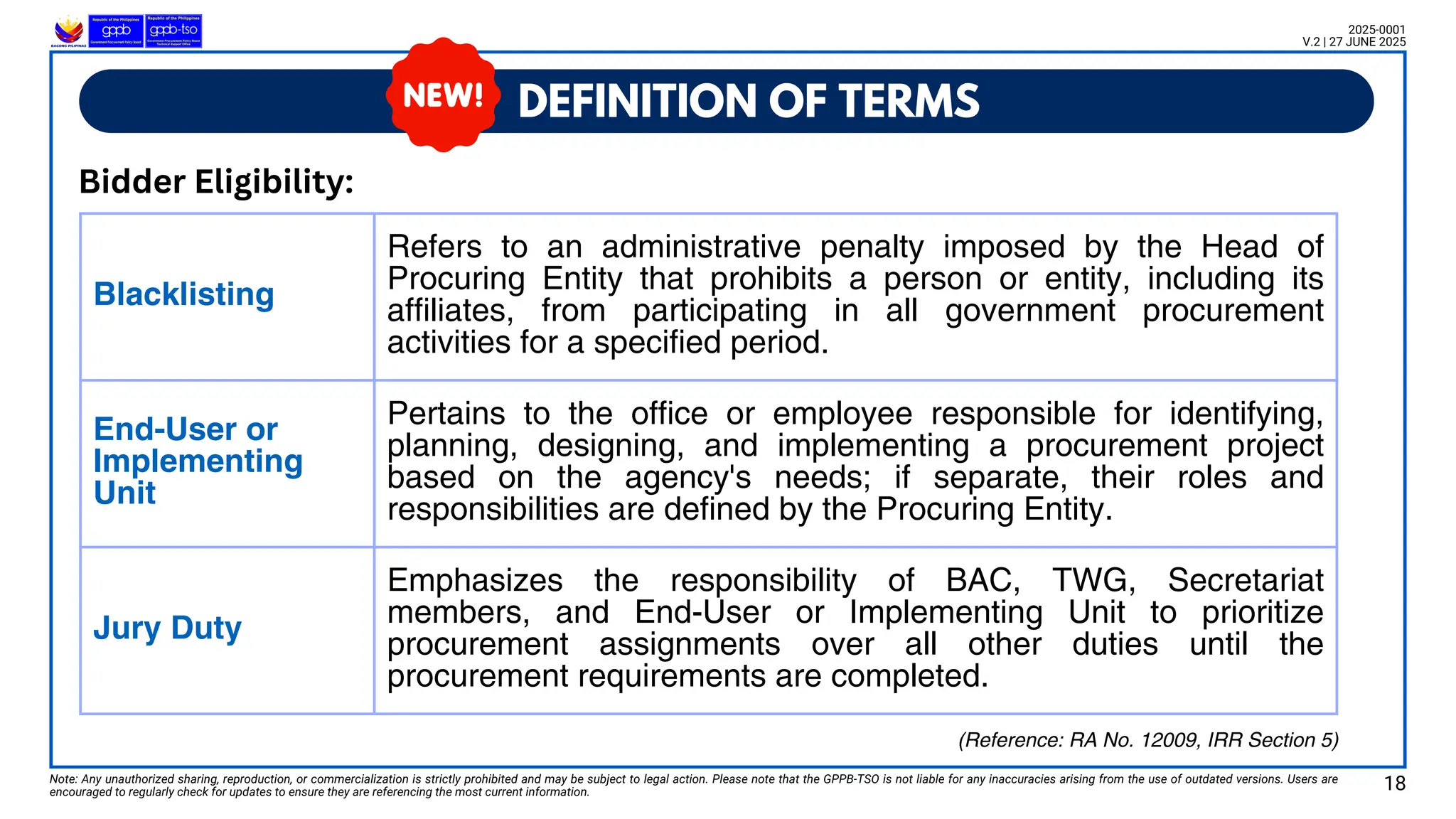 Blacklisting
Refers to an administrative penalty imposed by the Head of
Procuring Entity that prohibits a person or entity, including its
affiliates, from participating in all government procurement
activities for a specified period.
End-User or
Implementing
Unit
Pertains to the office or employee responsible for identifying,
planning, designing, and implementing a procurement project
based on the agency's needs; if separate, their roles and
responsibilities are defined by the Procuring Entity.
Jury Duty
Emphasizes the responsibility of BAC, TWG, Secretariat
members, and End-User or Implementing Unit to prioritize
procurement assignments over all other duties until the
procurement requirements are completed.
DEFINITION OF TERMS
Note: Any unauthorized sharing, reproduction, or commercialization is strictly prohibited and may be subject to legal action. Please note that the GPPB-TSO is not liable for any inaccuracies arising from the use of outdated versions. Users are
encouraged to regularly check for updates to ensure they are referencing the most current information.
2025-0001
V.2 | 27 JUNE 2025
Bidder Eligibility:
18
(Reference: RA No. 12009, IRR Section 5)
 