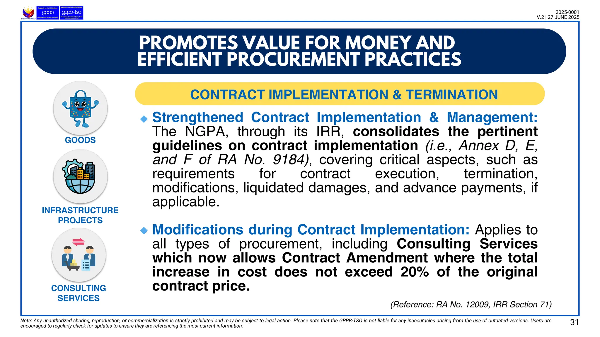 GOODS
INFRASTRUCTURE
PROJECTS
CONSULTING
SERVICES
Strengthened Contract Implementation & Management:
The NGPA, through its IRR, consolidates the pertinent
guidelines on contract implementation (i.e., Annex D, E,
and F of RA No. 9184), covering critical aspects, such as
requirements for contract execution, termination,
modifications, liquidated damages, and advance payments, if
applicable.
Modifications during Contract Implementation: Applies to
all types of procurement, including Consulting Services
which now allows Contract Amendment where the total
increase in cost does not exceed 20% of the original
contract price.
Note: Any unauthorized sharing, reproduction, or commercialization is strictly prohibited and may be subject to legal action. Please note that the GPPB-TSO is not liable for any inaccuracies arising from the use of outdated versions. Users are
encouraged to regularly check for updates to ensure they are referencing the most current information.
2025-0001
V.2 | 27 JUNE 2025
31
(Reference: RA No. 12009, IRR Section 71)
PROMOTES VALUE FOR MONEY AND
EFFICIENT PROCUREMENT PRACTICES
CONTRACT IMPLEMENTATION & TERMINATION
🔹
🔹
 