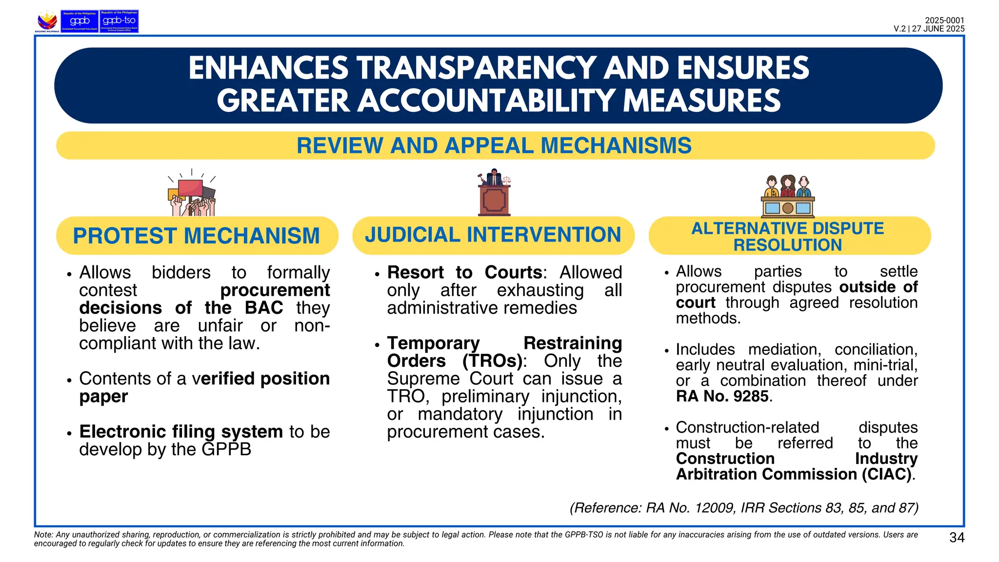 Note: Any unauthorized sharing, reproduction, or commercialization is strictly prohibited and may be subject to legal action. Please note that the GPPB-TSO is not liable for any inaccuracies arising from the use of outdated versions. Users are
encouraged to regularly check for updates to ensure they are referencing the most current information.
2025-0001
V.2 | 27 JUNE 2025
34
ENHANCES TRANSPARENCY AND ENSURES
GREATER ACCOUNTABILITY MEASURES
(Reference: RA No. 12009, IRR Sections 83, 85, and 87)
Allows bidders to formally
contest procurement
decisions of the BAC they
believe are unfair or non-
compliant with the law.
Contents of a verified position
paper
Electronic filing system to be
develop by the GPPB
Resort to Courts: Allowed
only after exhausting all
administrative remedies
Temporary Restraining
Orders (TROs): Only the
Supreme Court can issue a
TRO, preliminary injunction,
or mandatory injunction in
procurement cases.
Allows parties to settle
procurement disputes outside of
court through agreed resolution
methods.
Includes mediation, conciliation,
early neutral evaluation, mini-trial,
or a combination thereof under
RA No. 9285.
Construction-related disputes
must be referred to the
Construction Industry
Arbitration Commission (CIAC).
PROTEST MECHANISM JUDICIAL INTERVENTION ALTERNATIVE DISPUTE
RESOLUTION
REVIEW AND APPEAL MECHANISMS
 