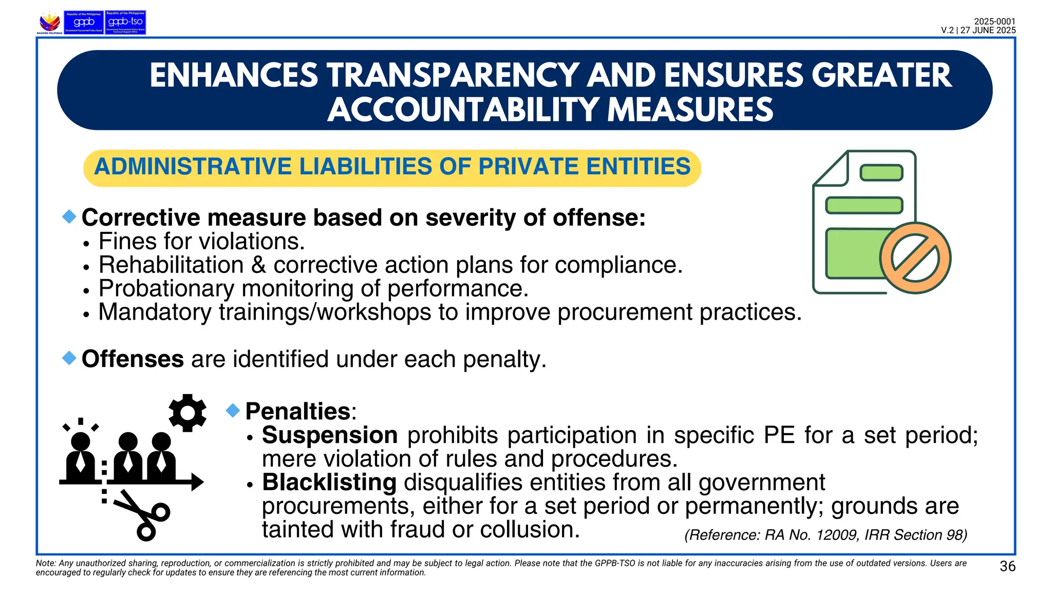 🔹Corrective measure based on severity of offense:
Fines for violations.
Rehabilitation & corrective action plans for compliance.
Probationary monitoring of performance.
Mandatory trainings/workshops to improve procurement practices.
🔹Offenses are identified under each penalty.
ADMINISTRATIVE LIABILITIES OF PRIVATE ENTITIES
Note: Any unauthorized sharing, reproduction, or commercialization is strictly prohibited and may be subject to legal action. Please note that the GPPB-TSO is not liable for any inaccuracies arising from the use of outdated versions. Users are
encouraged to regularly check for updates to ensure they are referencing the most current information.
2025-0001
V.2 | 27 JUNE 2025
ENHANCES TRANSPARENCY AND ENSURES GREATER
ACCOUNTABILITY MEASURES
🔹Penalties:
Suspension prohibits participation in specific PE for a set period;
mere violation of rules and procedures.
Blacklisting disqualifies entities from all government
procurements, either for a set period or permanently; grounds are
tainted with fraud or collusion.
36
(Reference: RA No. 12009, IRR Section 98)
 