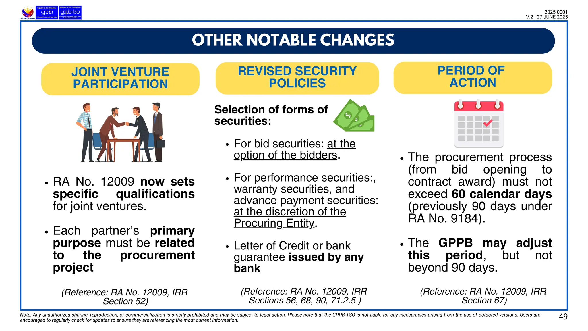 Selection of forms of
securities:
For bid securities: at the
option of the bidders.
For performance securities:,
warranty securities, and
advance payment securities:
at the discretion of the
Procuring Entity.
Letter of Credit or bank
guarantee issued by any
bank
REVISED SECURITY
POLICIES
JOINT VENTURE
PARTICIPATION
PERIOD OF
ACTION
OTHER NOTABLE CHANGES
Note: Any unauthorized sharing, reproduction, or commercialization is strictly prohibited and may be subject to legal action. Please note that the GPPB-TSO is not liable for any inaccuracies arising from the use of outdated versions. Users are
encouraged to regularly check for updates to ensure they are referencing the most current information.
2025-0001
V.2 | 27 JUNE 2025
RA No. 12009 now sets
specific qualifications
for joint ventures.
Each partner’s primary
purpose must be related
to the procurement
project
(Reference: RA No. 12009, IRR
Sections 56, 68, 90, 71.2.5 )
The procurement process
(from bid opening to
contract award) must not
exceed 60 calendar days
(previously 90 days under
RA No. 9184).
The GPPB may adjust
this period, but not
beyond 90 days.
(Reference: RA No. 12009, IRR
Section 67)
(Reference: RA No. 12009, IRR
Section 52)
49
 