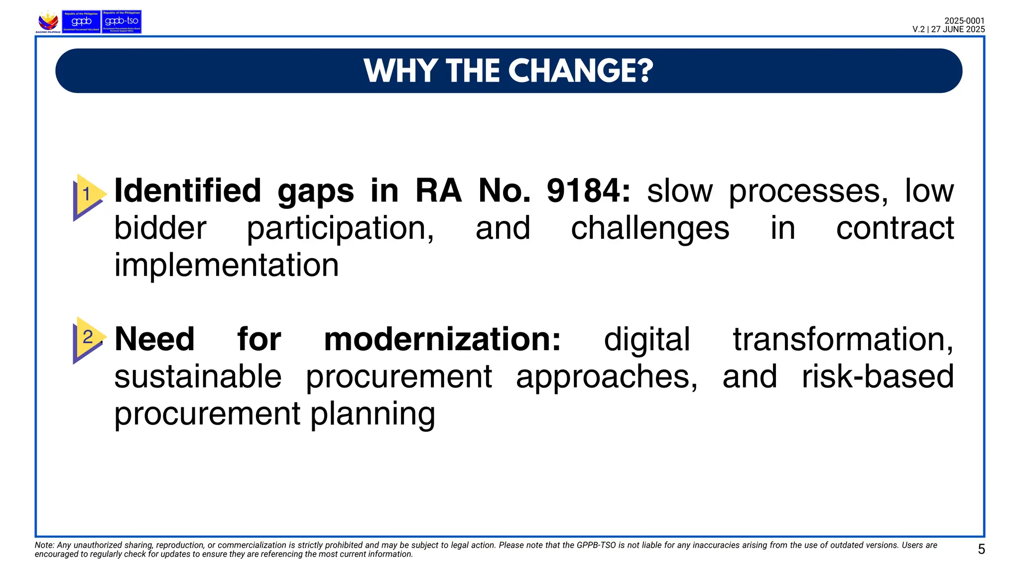 WHY THE CHANGE?
Note: Any unauthorized sharing, reproduction, or commercialization is strictly prohibited and may be subject to legal action. Please note that the GPPB-TSO is not liable for any inaccuracies arising from the use of outdated versions. Users are
encouraged to regularly check for updates to ensure they are referencing the most current information.
2025-0001
V.2 | 27 JUNE 2025
5
Identified gaps in RA No. 9184: slow processes, low
bidder participation, and challenges in contract
implementation
Need for modernization: digital transformation,
sustainable procurement approaches, and risk-based
procurement planning
 