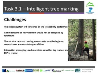 Task 3.1 – Intelligent tree marking
Kick-off Meeting
8-9/jan/2014
Challenges
The chosen system will influence all the traceability performance
A cumbersome or heavy system would not be accepted by
operators
The survival rate and reading success rate must be high and
secured over a reasonable span of time
Interaction among tags and machines as well as tag readers and
ERP is crucial
 