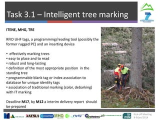Task 3.1 – Intelligent tree marking
Kick-off Meeting
8-9/jan/2014
ITENE, MHG, TRE
RFID UHF tags, a programming/reading tool (possibly the
former rugged PC) and an inserting device
• effectively marking trees
• easy to place and to read
• robust and long-lasting
• definition of the most appropriate position in the
standing tree
• programmable blank tag or index association to
database for unique identity tags
• association of traditional marking (color, debarking)
with IT marking
Deadline M17, by M12 a interim delivery report should
be prepared
 