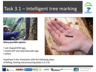 Task 3.1 – Intelligent tree marking
Kick-off Meeting
8-9/jan/2014
Many possible options
• nail shaped RFID tags
• mixed UHF and color/barcode tags
• others
Important is the interaction with the following steps
of felling, hauling and processing (tasks 3.2-3.4)
 