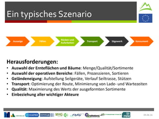 09.06.16
Ein typisches Szenario
Auszeige Fällen
Rücken und
Aufarbeiten
Transport Sägewerk Konsument
Herausforderungen:
• Auswahl der Ernteflächen und Bäume: Menge/Qualität/Sortimente
• Auswahl der operativen Bereiche: Fällen, Prozessieren, Sortieren
• Geländeneigung: Aufstellung Seilgeräte, Verlauf Seiltrasse, Stützen
• Transport: Optimierung der Route, Minimierung von Lade- und Wartezeiten
• Qualität: Maximierung des Werts der ausgeformten Sortimente
• Einbeziehung aller wichtiger Akteure
 
