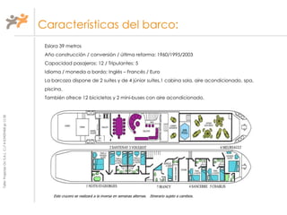 TallerProjectesOciS.A.L.C.i.fA-63405468gc-1138
Características del barco:
Eslora 39 metros
Año construcción / conversión / última reforma: 1960/1995/2003
Capacidad pasajeros: 12 / Tripulantes: 5
Idioma / moneda a bordo; Inglés – Francés / Euro
La barcaza dispone de 2 suites y de 4 júnior suites,1 cabina sola, aire acondicionado, spa,
piscina.
También ofrece 12 bicicletas y 2 mini-buses con aire acondicionado.
Este crucero se realizará a la inversa en semanas alternas. Itinerario sujeto a cambios.
 