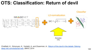 129
OTS: Classification: Return of devil
Chatfield, K., Simonyan, K., Vedaldi, A. and Zisserman, A.. Return of the devil in the details: Delving
deep into convolutional nets. BMVC 2014
Classifier
L2-normalization
Accuracy
+5%
 
