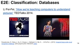 E2E: Classification: Databases
18
Li Fei-Fei, “How we’re teaching computers to understand
pictures” TEDTalks 2014.
Russakovsky, O., Deng, J., Su, H., Krause, J., Satheesh, S., Ma, S., ... & Fei-Fei, L. (2015). Imagenet large scale visual
recognition challenge. arXiv preprint arXiv:1409.0575. [web]
 