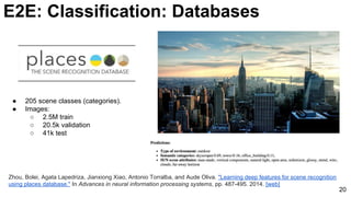 20
Zhou, Bolei, Agata Lapedriza, Jianxiong Xiao, Antonio Torralba, and Aude Oliva. "Learning deep features for scene recognition
using places database." In Advances in neural information processing systems, pp. 487-495. 2014. [web]
E2E: Classification: Databases
● 205 scene classes (categories).
● Images:
○ 2.5M train
○ 20.5k validation
○ 41k test
 