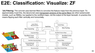 “(iii) Filtering: The convnet uses learned filters to convolve the feature maps from the previous layer. To
approximately invert this, the deconvnet uses transposed versions of the same filters (as other autoencoder
models, such as RBMs), but applied to the rectified maps, not the output of the layer beneath. In practice this
means flipping each filter vertically and horizontally.
XX
XX
44
E2E: Classification: Visualize: ZF
 