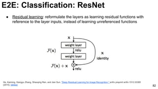 E2E: Classification: ResNet
82
● Residual learning: reformulate the layers as learning residual functions with
reference to the layer inputs, instead of learning unreferenced functions
He, Kaiming, Xiangyu Zhang, Shaoqing Ren, and Jian Sun. "Deep Residual Learning for Image Recognition." arXiv preprint arXiv:1512.03385
(2015). [slides]
 