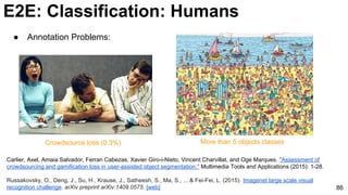 86
● Annotation Problems:
Carlier, Axel, Amaia Salvador, Ferran Cabezas, Xavier Giro-i-Nieto, Vincent Charvillat, and Oge Marques. "Assessment of
crowdsourcing and gamification loss in user-assisted object segmentation." Multimedia Tools and Applications (2015): 1-28.
Russakovsky, O., Deng, J., Su, H., Krause, J., Satheesh, S., Ma, S., ... & Fei-Fei, L. (2015). Imagenet large scale visual
recognition challenge. arXiv preprint arXiv:1409.0575. [web]
Crowdsource loss (0.3%) More than 5 objects classes
E2E: Classification: Humans
 