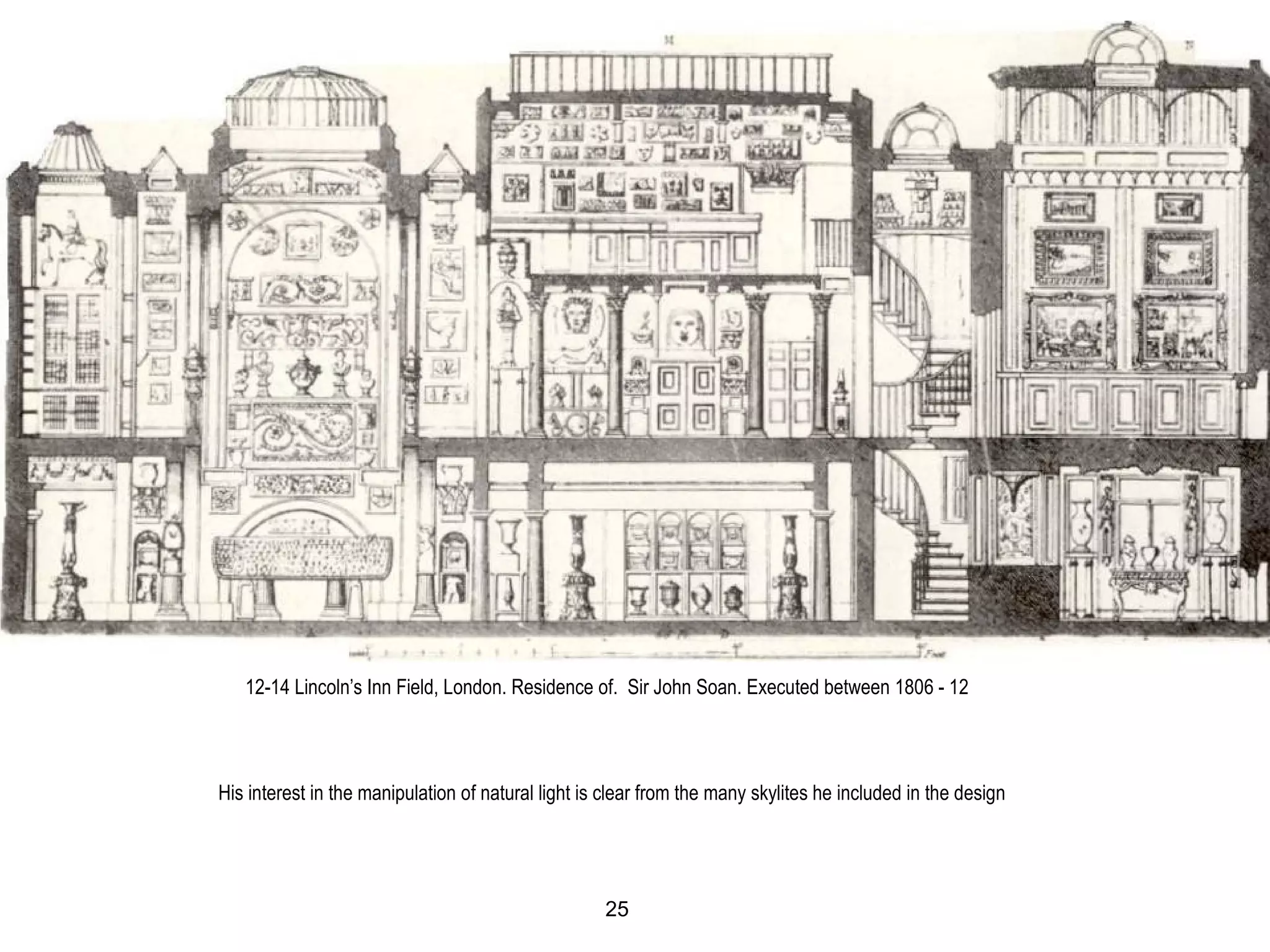 12-14 Lincoln’s Inn Field, London. Residence of. Sir John Soan. Executed between 1806 - 12
His interest in the manipulation of natural light is clear from the many skylites he included in the design
25
 