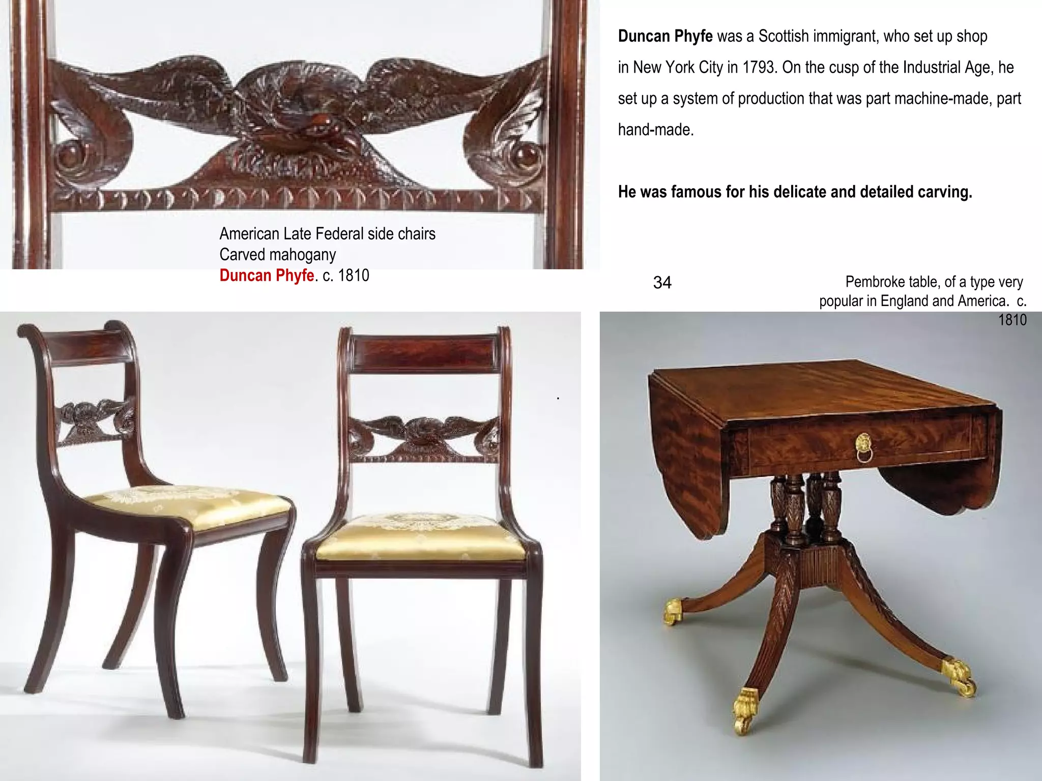 Duncan Phyfe was a Scottish immigrant, who set up shop
in New York City in 1793. On the cusp of the Industrial Age, he
set up a system of production that was part machine-made, part
hand-made.
He was famous for his delicate and detailed carving.
American Late Federal side chairs
Carved mahogany
Duncan Phyfe. c. 1810
.
Pembroke table, of a type very
popular in England and America. c.
1810
34
 