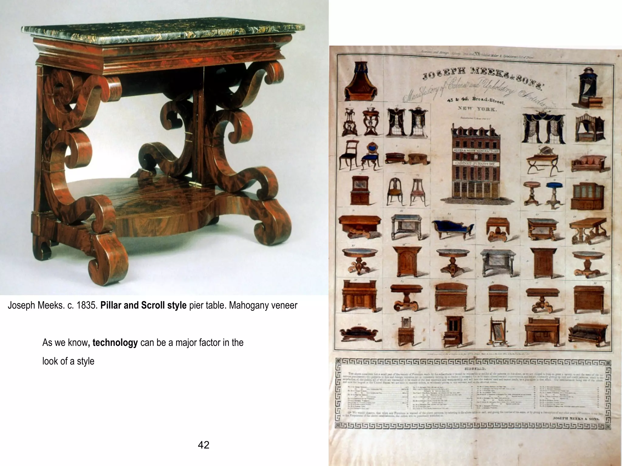 Joseph Meeks. c. 1835. Pillar and Scroll style pier table. Mahogany veneer
As we know, technology can be a major factor in the
look of a style
42
 