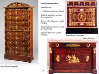 Meuble à deux corps (new)
Below: Commode
Above: Meuble d’appui (new)
French Empire case pieces
-Massive volumes
- Solid/ heavy, architectural elements
-Broad, flat, pared-down geometric
-forms and surfaces
-Covered with a single veneer – usually
mahogany
-Supporting delicate, detailed, exquisite
gilt bronze mounts
-Decorative themes from Classical
mythology
14
 