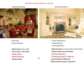 NINETEENTH-CENTURY DESIGN IN A NUTSHELL
“MAINSTREAM” DESIGN REACTIONS AGAINST IT
- Revival styles
- Exoticism/ Eclecticism
- Arts and Crafts Movement
- Aesthetic Movement
- Art Nouveau Movement
- Machine-made (mostly or largely)
- Can be “good” or “bad” design
- Copying the past
- Holding onto the past
- Still with us today
- Mostly hand-made, but will also embrace new technologies
- Striving to define/ create “good design”
- Starts out using the past
- Then lets go of the past, for totally new
-Lays the foundation for Modernism
-Which is still with us today, in various forms
63
 