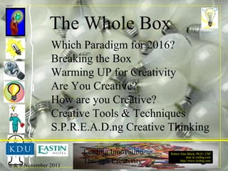 The Whole Box Which Paradigm for 2016? Breaking the Box Warming UP for Creativity Are You Creative? How are you Creative? Creative Tools & Techniques S.P.R.E.A.D.ng Creative Thinking 