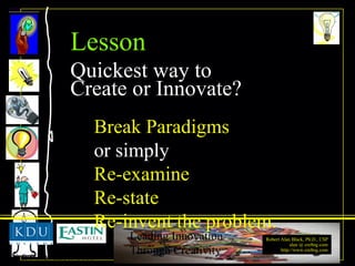 Break Paradigms or simply  Re-examine Re-state Re-invent the problem. Lesson  Quickest   way to Create or Innovate? 