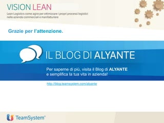 Grazie per l’attenzione.
Per saperne di più, visita il Blog di ALYANTE
e semplifica la tua vita in azienda!
http://blog.teamsystem.com/alyante
 