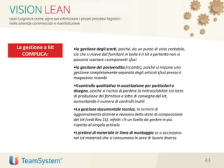 La gestione a kit
COMPLICA:
•la gestione degli scarti, poiché, da un punto di vista contabile,
ciò che si riceve dal fornitore in bolla è il kit e pertanto non si
possono scartare i componenti sfusi
•la gestione del postvendita (ricambi), poiché si impone una
gestione completamente separata degli articoli sfusi presso il
magazzino ricambi
•Il controllo qualitativo in accettazione per particolari a
disegno, poiché si rischia di perdere la rintracciabilità tra lotto
di produzione del fornitore e lotto di consegna del kit,
aumentando il numero di controlli inutili
•La gestione documentale tecnica, in termini di
aggiornamento distinte e revisioni dello stato di composizione
del kit (vedi Rev.15). Infatti c’è un livello da gestire in più
rispetto al singolo articolo
•I prelievi di materiale in linea di montaggio se si accorpano
nel kit materiali che si consumano in aree di lavoro diverse
43
 
