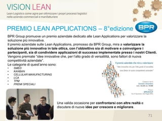 BPR Group promuove un premio aziendale dedicato alle Lean Applications per valorizzare la
soluzione più innovativa.
Il premio aziendale sulle Lean Applications, promosso da BPR Group, mira a valorizzare la
soluzione più innovativa in tale ottica, con l’obbiettivo sia di motivare e coinvolgere i
partecipanti, sia di condividere applicazioni di successo implementate presso i nostri Clienti.
Vengono premiate “idee innovative che, per l’alto grado di versatilità, sono fattori di nuova
competitività aziendale”.
Le categorie di quest’anno sono:
• SMED
• KANBAN
• CELLULAR MANUFACTURING
• LCA
• TPM
• PREMI SPECIALI
PREMIO LEAN APPLICATIONS – 8°edizione
Una valida occasione per confrontarsi con altre realtà e
discutere di nuove idee per crescere e migliorare.
71
 