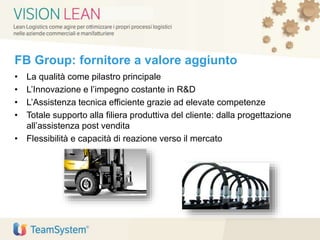 FB Group: fornitore a valore aggiunto
• La qualità come pilastro principale
• L’Innovazione e l’impegno costante in R&D
• L’Assistenza tecnica efficiente grazie ad elevate competenze
• Totale supporto alla filiera produttiva del cliente: dalla progettazione
all’assistenza post vendita
• Flessibilità e capacità di reazione verso il mercato
 