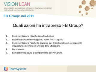 FB Group: nel 2011
Quali azioni ha intrapreso FB Group?
1. Implementazione filosofia Lean Production
2. Nuovo Lay-Out con conseguenti nuovi Flussi Logistici
3. Implementazione Pacchetto Logistico per il Gestionale con conseguente
mappatura e definizione univoca delle ubicazioni.
4. Duro lavoro .
5. Combattere la paura al cambiamento del Personale.
 