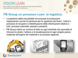 FB Group un processo Lean: la logistica
• La gestione della tracciabilità nei processi di produzione
rappresenta il punto di partenza per la “gestione dei flussi”, indica il
processo di recupero e ridistribuzione delle informazioni relative a
tutti i processi aziendali, passati e presenti.
• FB Group indica un numero di lotto su ogni etichetta che permette di
ritrovare la storia, l’utilizzo e la localizzazione di ogni singolo pezzo;
risalendo all’origine dei materiali e ai processi applicati.
 