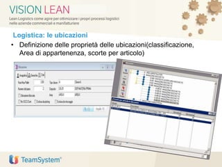 Logistica: le ubicazioni
• Definizione delle proprietà delle ubicazioni(classificazione,
Area di appartenenza, scorte per articolo)
 