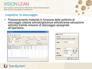 Logistica: lo stoccaggio
• Posizionamento materiali in funzione delle politiche di
stoccaggio (classe articolo/giacenza articolo/area-ubicazione
articolo) tramite missioni di stoccaggio assegnate
all’operatore.
 