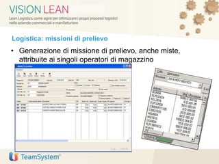Logistica: missioni di prelievo
• Generazione di missione di prelievo, anche miste,
attribuite ai singoli operatori di magazzino
 