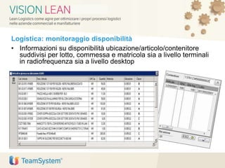Logistica: monitoraggio disponibilità
• Informazioni su disponibilità ubicazione/articolo/contenitore
suddivisi per lotto, commessa e matricola sia a livello terminali
in radiofrequenza sia a livello desktop
 