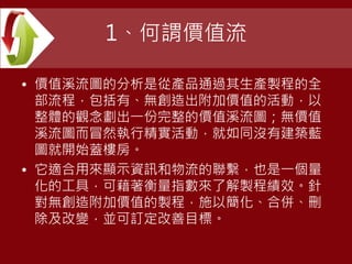 1、何謂價值流
• 價值溪流圖的分析是從產品通過其生產製程的全
部流程，包括有、無創造出附加價值的活動，以
整體的觀念劃出一份完整的價值溪流圖；無價值
溪流圖而冒然執行精實活動，就如同沒有建築藍
圖就開始蓋樓房。
• 它適合用來顯示資訊和物流的聯繫，也是一個量
化的工具，可藉著衡量指數來了解製程績效。針
對無創造附加價值的製程，施以簡化、合併、刪
除及改變，並可訂定改善目標。
 