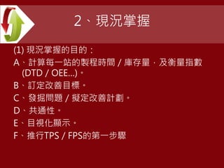 2、現況掌握
(1) 現況掌握的目的：
A、計算每一站的製程時間／庫存量，及衡量指數
(DTD／OEE…)。
B、訂定改善目標。
C、發掘問題／擬定改善計劃。
D、共通性。
E、目視化顯示。
F、推行TPS／FPS的第一步驟
 