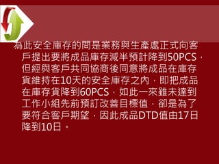 為此安全庫存的問是業務與生產處正式向客
戶提出要將成品庫存減半預計降到50PCS，
但經與客戶共同協商後同意將成品在庫存
貨維持在10天的安全庫存之內，即把成品
在庫存貨降到60PCS，如此一來雖未達到
工作小組先前預訂改善目標值，卻是為了
要符合客戶期望，因此成品DTD值由17日
降到10日。
 