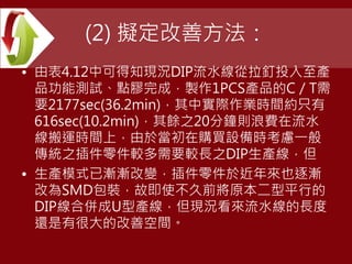 (2) 擬定改善方法：
• 由表4.12中可得知現況DIP流水線從拉釘投入至產
品功能測試、點膠完成，製作1PCS產品的C／T需
要2177sec(36.2min)，其中實際作業時間約只有
616sec(10.2min)，其餘之20分鐘則浪費在流水
線搬運時間上，由於當初在購買設備時考慮一般
傳統之插件零件較多需要較長之DIP生產線，但
• 生產模式已漸漸改變，插件零件於近年來也逐漸
改為SMD包裝，故即使不久前將原本二型平行的
DIP線合併成U型產線，但現況看來流水線的長度
還是有很大的改善空間。
 
