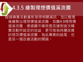 4.3.5 繪製理想價值溪流圖
經過精實活動重新測得相關資訊，加以整理
後繪製出理想價值溪流圖，如圖4.9理想價
值溪流圖，透過圖示確保是否達到這次精
實活動所設定的效益，更可做為持續改善
的現況價值溪流圖，為此專案的結尾，也
是另一個改善活動的開端。
 