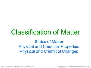 Copyright © 2011 Pearson Education, Inc.
Classification of Matter
States of Matter
Physical and Chemical Properties
Physical and Chemical Changes
Tro: Chemistry: A Molecular Approach, 2/e
 