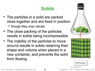 Copyright © 2011 Pearson Education, Inc.Tro: Chemistry: A Molecular
Solids
• The particles in a solid are packed
close together and are fixed in position
though they may vibrate
• The close packing of the particles
results in solids being incompressible
• The inability of the particles to move
around results in solids retaining their
shape and volume when placed in a
new container, and prevents the solid
from flowing
16Tro: Chemistry: A Molecular Approach, 2/e
 