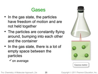 Copyright © 2011 Pearson Education, Inc.Tro: Chemistry: A Molecular 20
Gases
• In the gas state, the particles
have freedom of motion and are
not held together
• The particles are constantly flying
around, bumping into each other
and the container
• In the gas state, there is a lot of
empty space between the
particles
on average
Tro: Chemistry: A Molecular Approach, 2/e
 